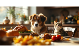 Thanksgiving dinner table with dog looking at food