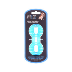 Scream Xtreme Treat Dumbbell Dog Toy Loud Blue Front Image