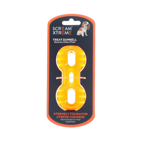 Scream Xtreme Treat Dumbbell Dog Toy Loud Orange Front