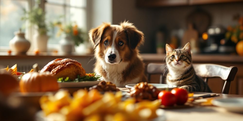 Thanksgiving dinner table with dog looking at food